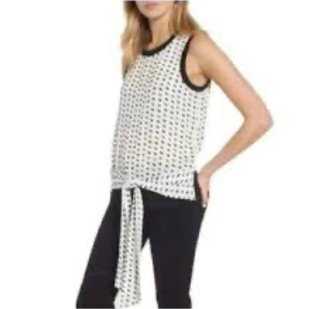 Trouve Black and White Geometric Blouse with Tie Detail